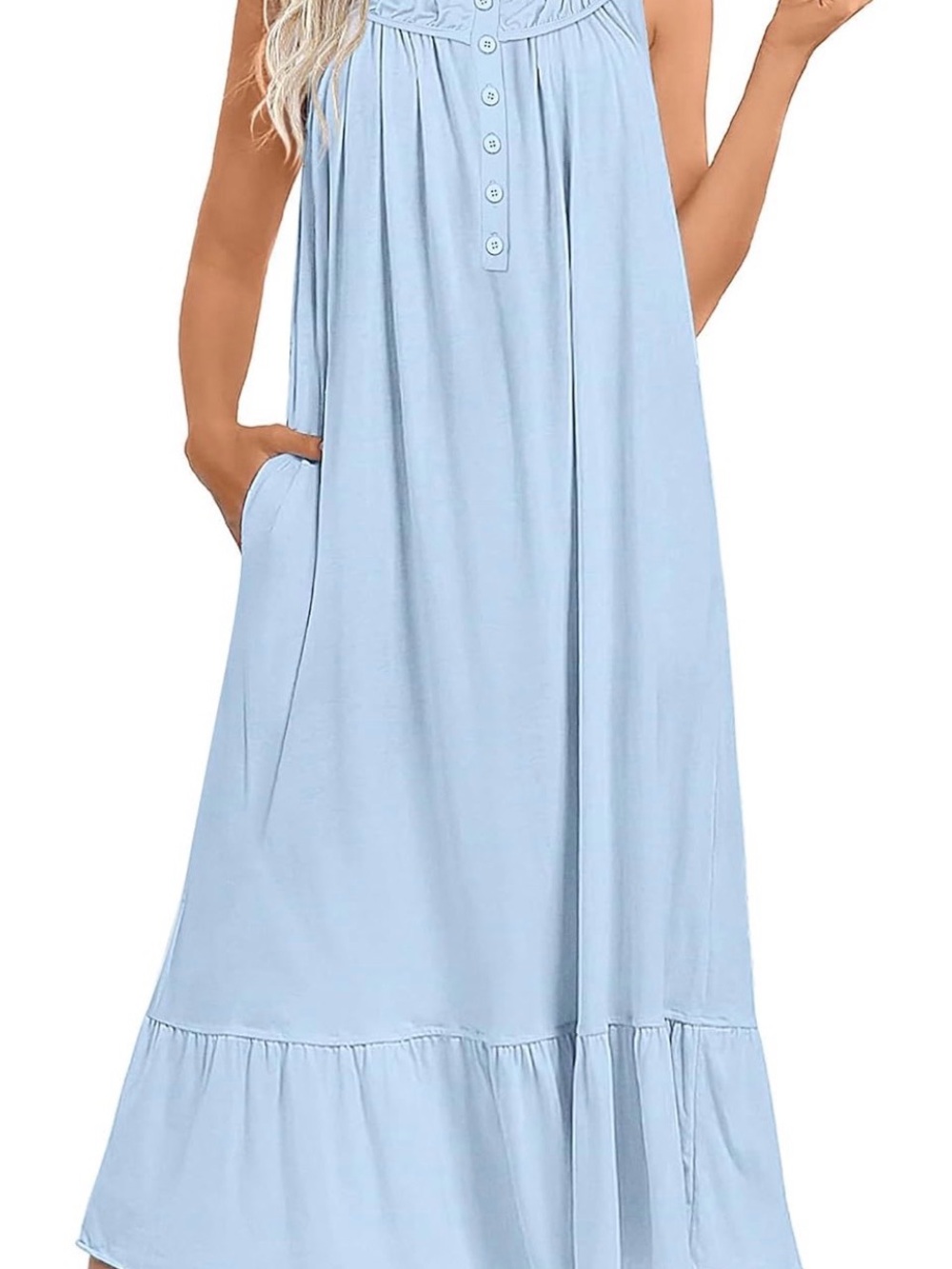 Sleeveless Light Blue Maxi Nightgown with Button Front